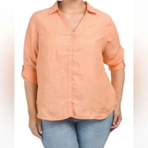 ☔️🔹️Sigrid Olsen Orange Linen Adjustable Roll Tab Long Sleeve Top Medium